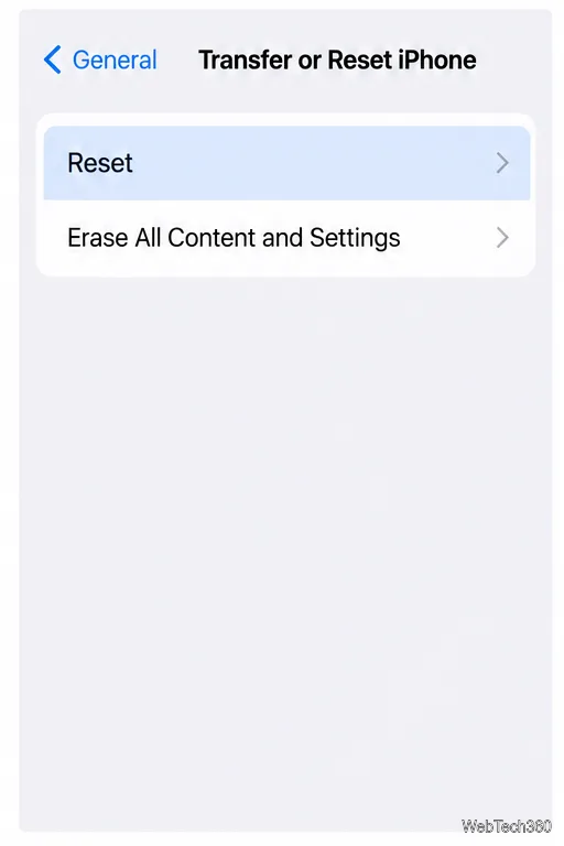 A opção Transferir ou Redefinir para o iPhone mostra a tela de Redefinição separadamente da opção Apagar Todo o Conteúdo e Ajustes.