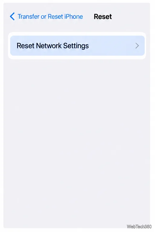 Menu de reinicialização com a opção "Redefinir configurações de rede" selecionada.