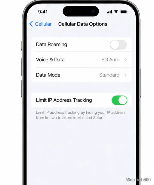 Tela de Opções de Dados Celulares com o Roaming de Dados desativado.