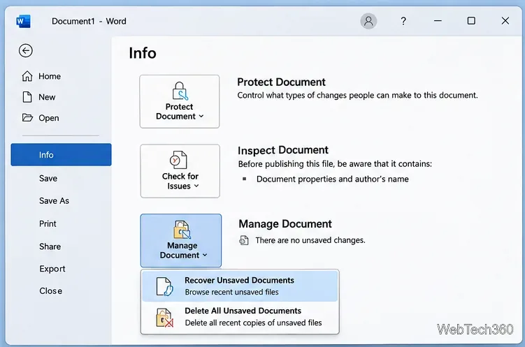Tela de informações do arquivo do Microsoft Word com os menus Gerenciar Documento e Recuperar Documentos Não Salvos.