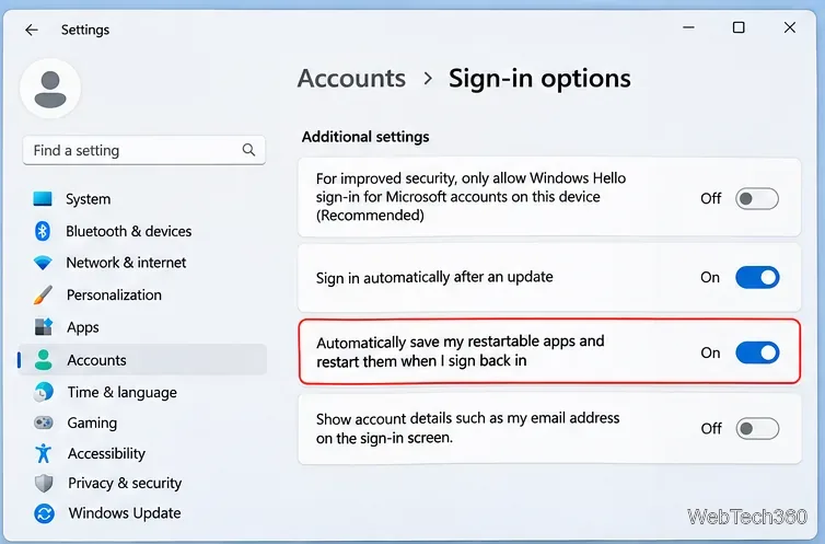 Configurações do Windows 11 > Contas > Opções de entrada com a opção de reiniciar aplicativos ativada.