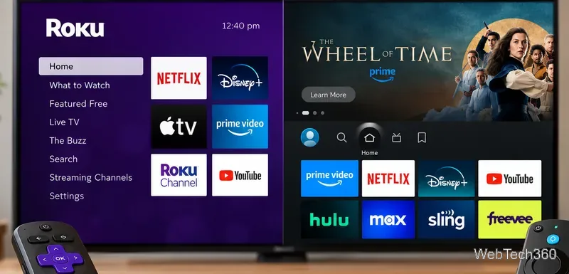 Représentation côte à côte d'un menu d'application violet de style Roku et d'un écran de recommandations sombre de style Fire TV