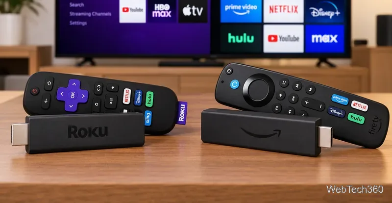 Gros plan sur deux télécommandes de streaming avec boutons de navigation et des clés de streaming HDMI compactes posées sur une table