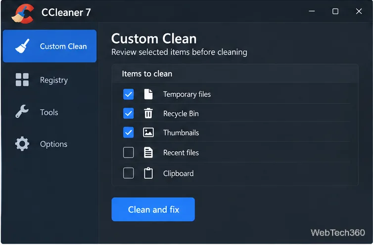 Ecranul de revizuire a funcției Curățare personalizată din CCleaner 7 care afișează elementele selectate și butonul Curățare și remediere.