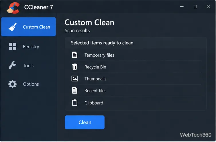 Rezultatele scanării personalizate CCleaner 7 cu butonul Curățare gata de eliminare a elementelor selectate.