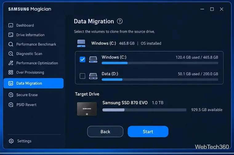 Samsung Magician volume selection screen before cloning to a Samsung SSD