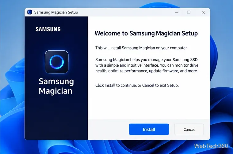 Samsung Magician setup window on Windows with the Install button