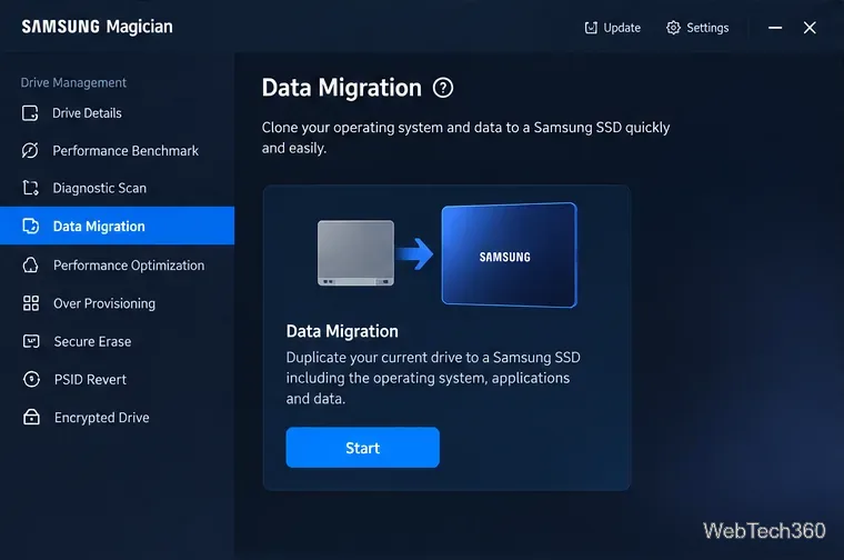 Samsung Magician Data Migration tool in the Drive Management menu