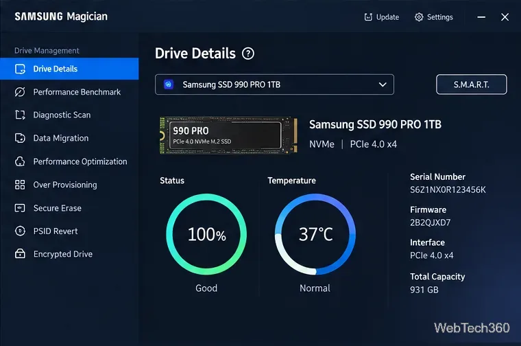 Samsung Magician Drive Details view showing a Samsung SSD