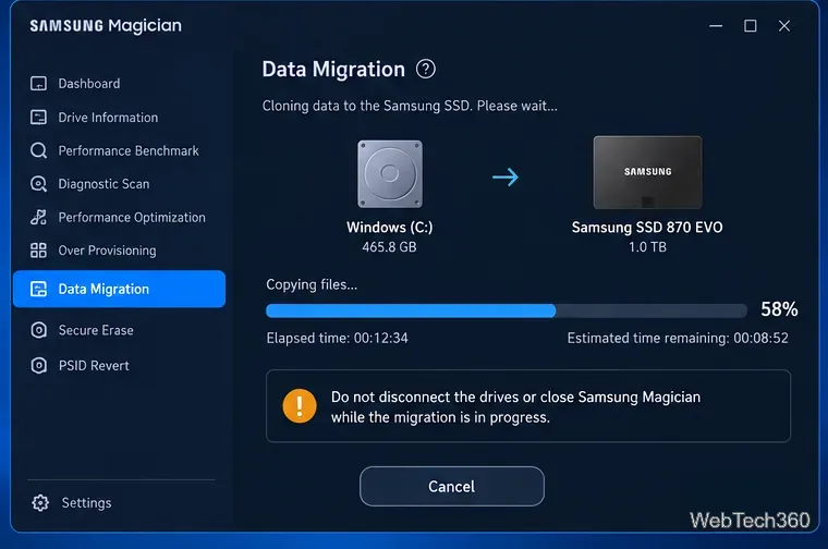 Samsung Magician Data Migration progress screen during SSD cloning