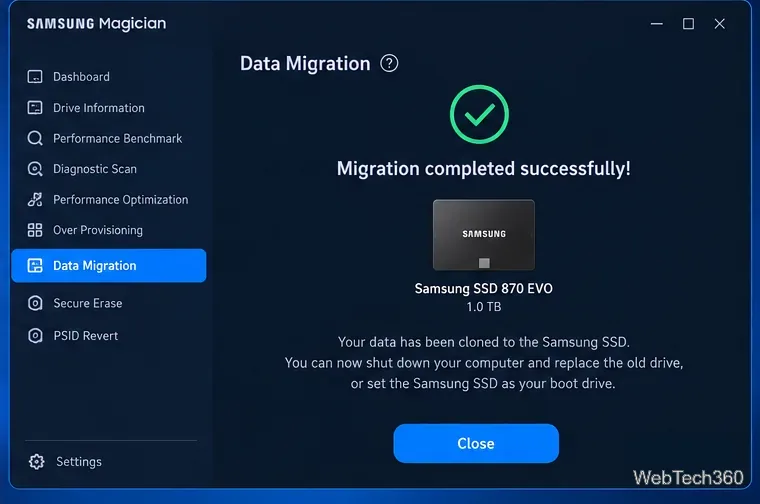Samsung Magician Data Migration completion screen after cloning succeeds