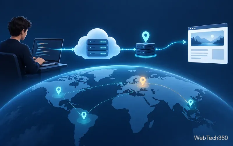 O solicitare a unui dezvoltator se deplasează printr-un serviciu cloud și un nod proxy regional către o pagină web publică.