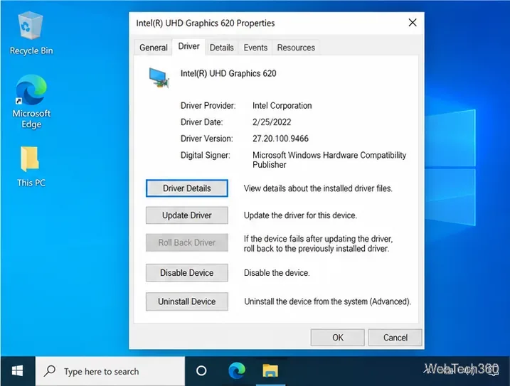 หน้าต่างคุณสมบัติของอะแดปเตอร์แสดงผล Windows 10 แสดงตัวเลือกการอัปเดตไดรเวอร์ การย้อนกลับไดรเวอร์ และการถอนการติดตั้งอุปกรณ์