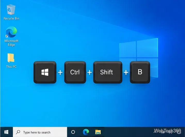 หน้าจอเดสก์ท็อป Windows 10 แสดงแป้นพิมพ์ลัด Ctrl Shift B ของ Windows ซึ่งใช้สำหรับรีเซ็ตไดรเวอร์การ์ดจอ