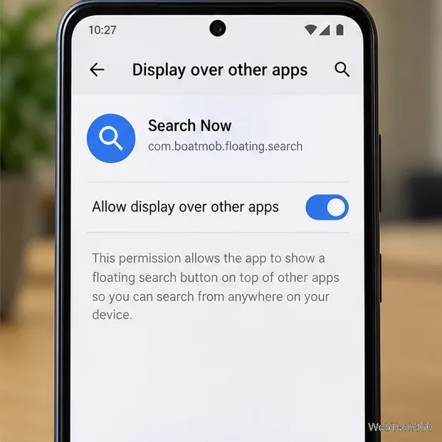 フローティング検索ユーティリティ用の「他のアプリの上に表示」スイッチを備えたAndroid設定ページ