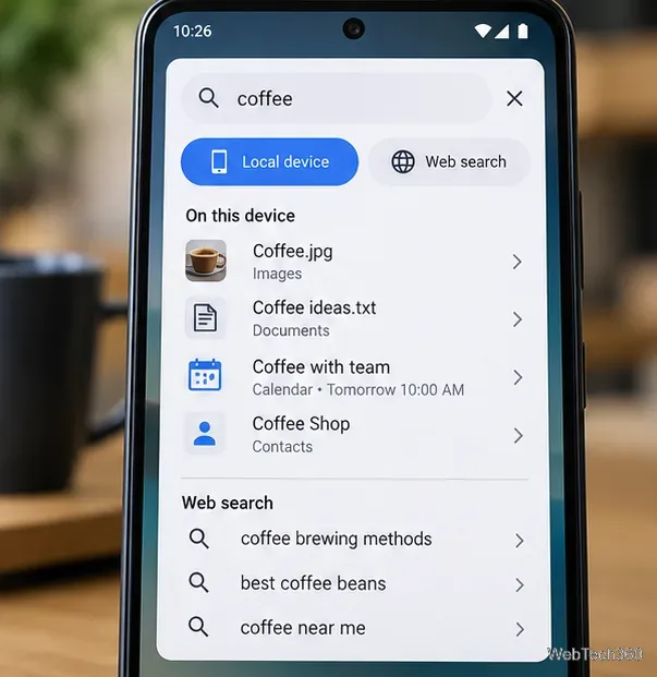 Androidのコーヒー検索画面には、ローカル画像、ドキュメント、カレンダー、連絡先、Webの候補が表示されます。