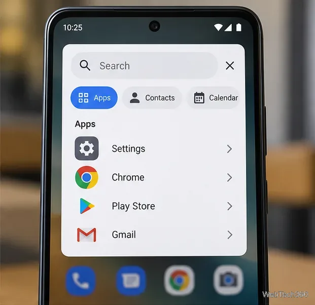 Androidの検索パネルには、アプリ、連絡先、カレンダーのカテゴリが表示され、インストール済みのアプリの結果が表示されます。