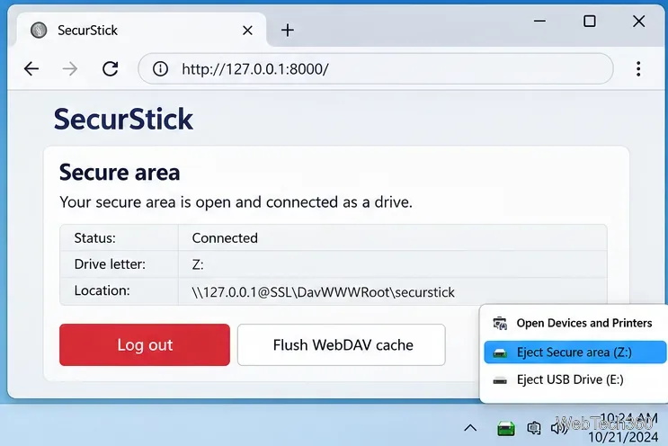 Exemple d'écran de déconnexion de zone sécurisée SecurStick avec contrôle de vidage du cache et options d'éjection du lecteur amovible