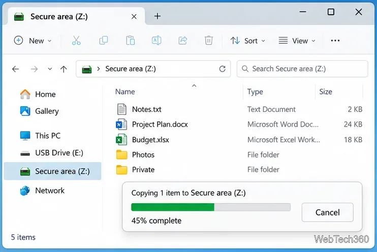 L'Explorateur de fichiers Windows affiche des documents en cours de copie vers une zone sécurisée montée sur le lecteur Z.