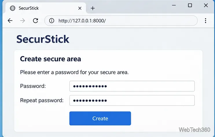 Exemple d'écran de configuration SecurStick pour navigateur avec champs mot de passe et confirmation pour une nouvelle zone sécurisée