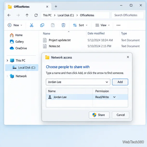 Dialog ilustrativ de partajare Windows care acordă colegului Jordan Lee acces la folderul OfficeNotes