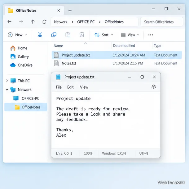 Vizualizare ilustrativă în Explorer a folderului de rețea OfficeNotes cu fișierul Project update.txt deschis în Notepad