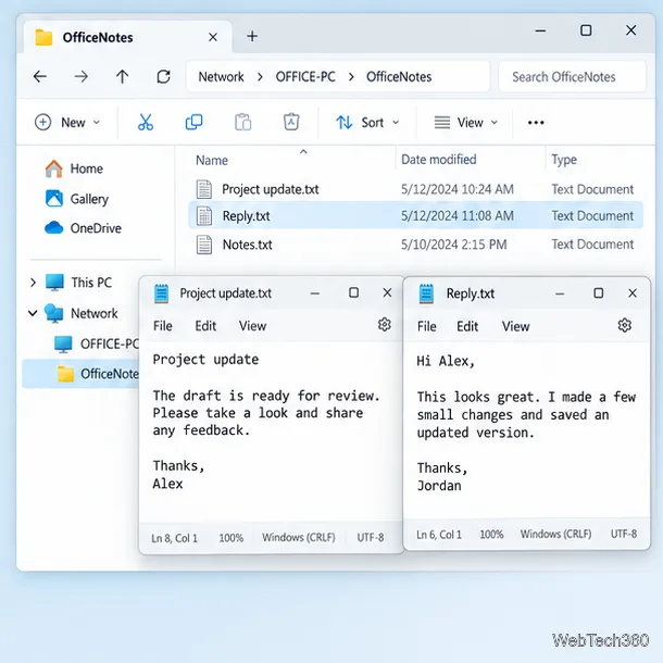 Folder OfficeNotes partajat ilustrativ cu documente Project update.txt și Reply.txt separate deschise