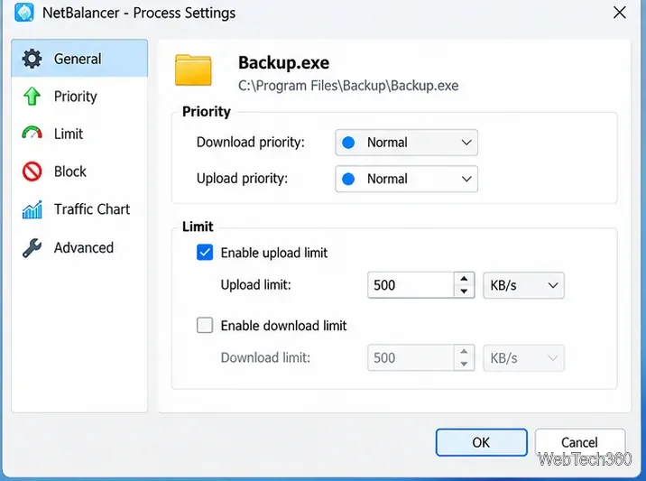 Exemple de panneau de configuration NetBalancer par processus avec une limite de chargement de 500 Ko/s activée et la limite de téléchargement désactivée.