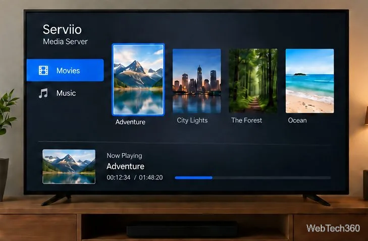 A television showing a DLNA media library with Movies and Music categories and a movie playing