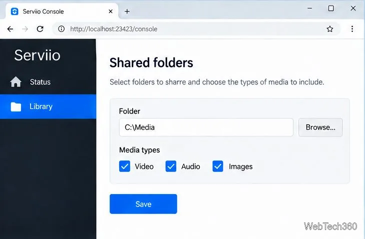 Serviio Console Shared folders settings with a media folder path and Video, Audio, and Images selected
