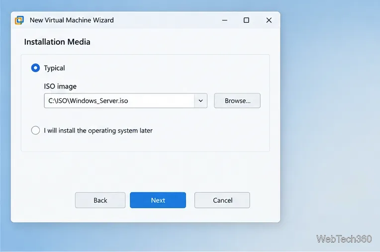 Novo assistente de máquina virtual com a opção "Típica" selecionada e uma imagem ISO do Windows Server escolhida.
