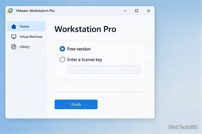 Janela de primeiro uso do VMware Workstation Pro com a versão gratuita selecionada e a opção Concluir visível.