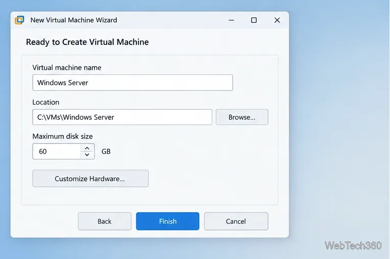 Resumo do Assistente para Nova Máquina Virtual com nome da máquina virtual, local de armazenamento, capacidade do disco e botão Personalizar Hardware.