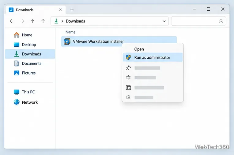 Pasta de Downloads do Windows com o instalador do VMware Workstation selecionado e a opção "Executar como administrador" marcada.
