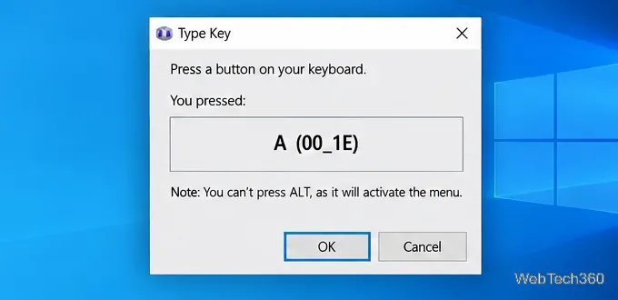 SharpKeys Type Keyダイアログに、検出されたAキーとそのスキャンコードが表示されます。