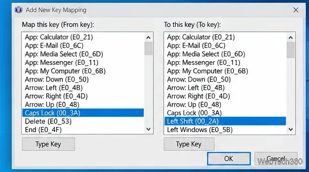 SharpKeysの「新しいキーマッピングを追加」ダイアログで、ソースキーとしてCaps Lock、宛先キーとして左Shiftが選択されている。