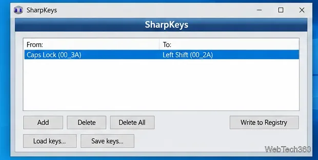 SharpKeysのメインウィンドウには、Caps Lockキーが左Shiftキーに割り当てられており、「レジストリに書き込む」ボタンが準備完了の状態になっている。