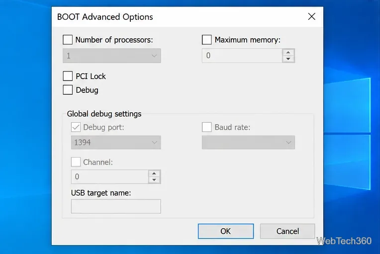 Windows 10 BOOT Advanced Options dialog with Number of processors unchecked