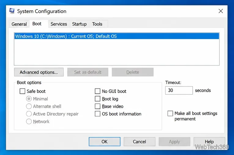 Windows 10 System Configuration Boot tab with Advanced options button