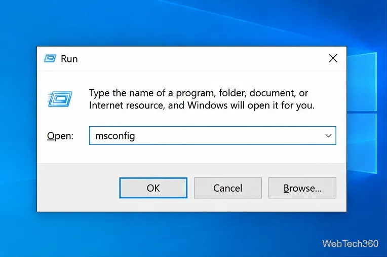 Windows 10 Run dialog with msconfig entered