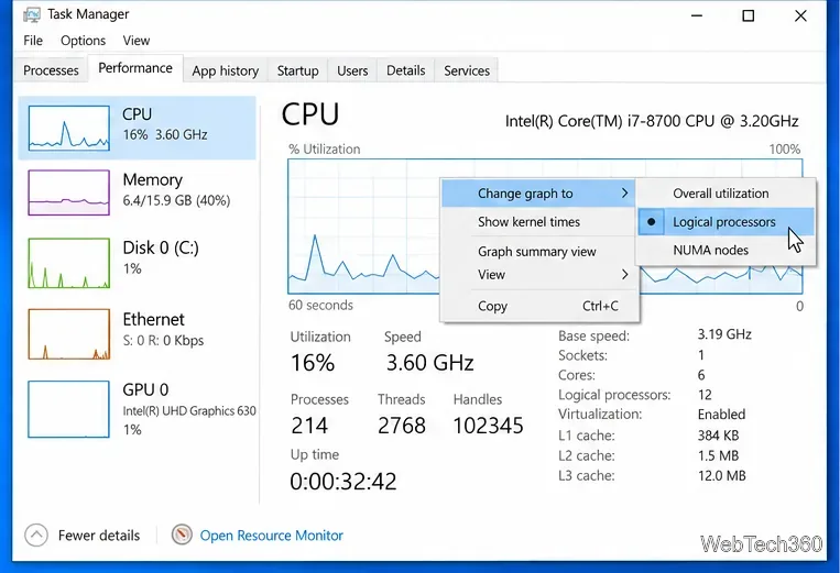 Task Manager Change graph to menu with Logical processors selected