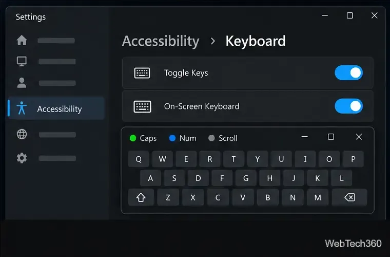 Esempio di impostazioni della tastiera di Accessibilità di Windows con opzioni di tasti di attivazione/disattivazione e tastiera su schermo.