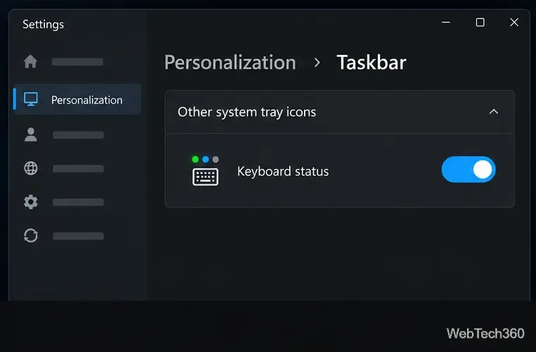 Impostazioni illustrative della barra delle applicazioni di Windows 11 con una voce relativa allo stato della tastiera abilitata in "Altre icone della barra delle applicazioni".
