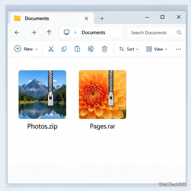 Exploratorul de fișiere din Windows 11 afișează fișierele Photos.zip și Pages.rar ca miniaturi mari ale copertei.