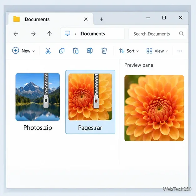 Explorer cu fișierul Pages.rar selectat și coperta sa afișată în panoul Previzualizare.