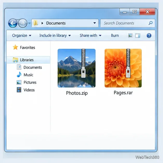Exploratorul de fișiere Windows 7 afișează arhive ZIP și RAR cu miniaturi de copertă.