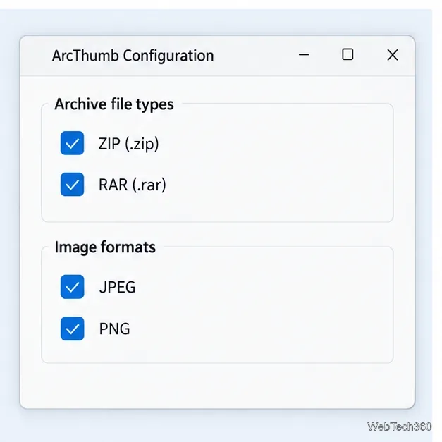 Configurarea ArcThumb cu extensiile ZIP și RAR, JPEG și PNG activate.