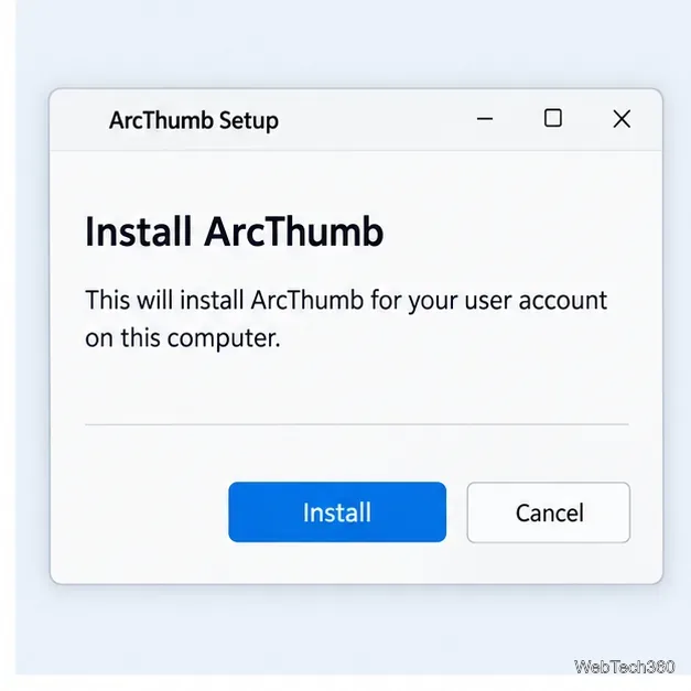 Fereastra de configurare ArcThumb care instalează programul pentru utilizatorul curent.