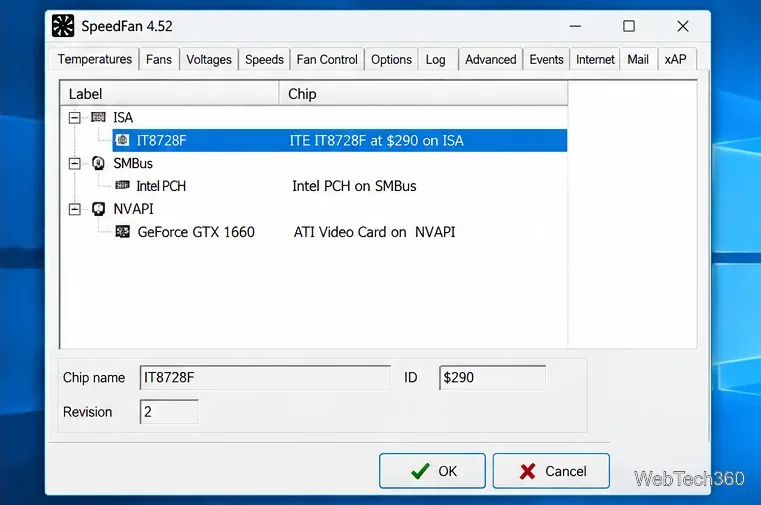 SpeedFan設定ウィンドウには、検出された監視チップとシステムバスの一覧が表示されます。