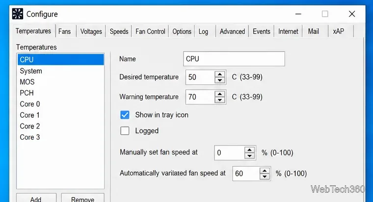 SpeedFanの温度設定で、希望温度と警告温度のフィールドを表示する